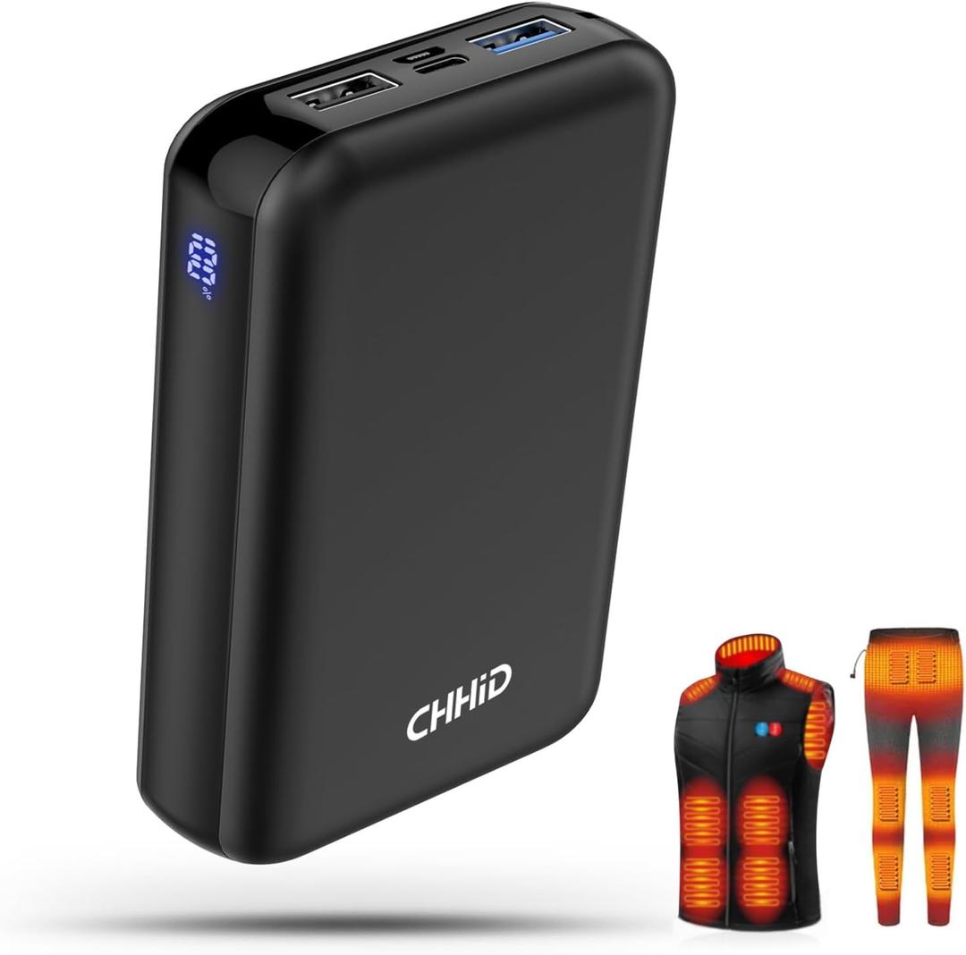Pocket Size 10000mah Power Bank for Heated Jacket,5V 2A Heated Vest Battery Pack,LED Display Portable Charger for Heated Clothing, Coat, USB Heated Blanket, Stadium Seats, Chair.