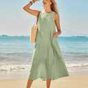 Newshows Women's 2024 Summer Midi Dresses Sleeveless Crewneck Beach Boho Casual Loose Long Flowy Tiered Sundress with Pockets (Green, S)