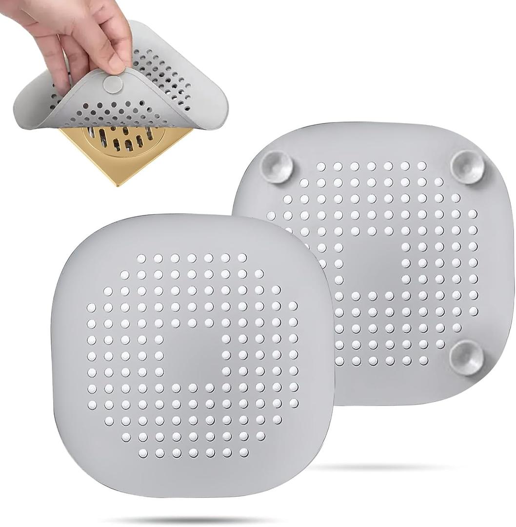 2 Pack Hair Drain Catcher, Square Drain Cover for Shower Silicone Hair Stopper with Suction Cup, Easy to Install Suit for Bathroom, Bathtub, Kitchen (Sliver Grey)