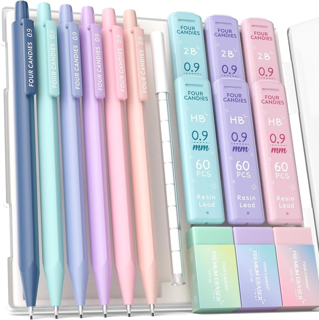 Four Candies Mechanical Pencils 0.9mm, with HB & 2B Lead Refills 0.9 mm, Pastel Eraser Set & Eraser Refills, 16-Count Pack with Case, Cute Aesthetic School Supplies for Writing, Drawing and Sketching