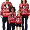 Disney family matching sweatshirt Stitch Mickey Spiderman print long sleeve winter Christmas mom dad kids loose fit red (Small)
