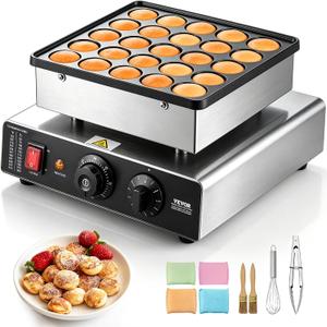 VEVOR Mini Pancake Maker, 25PCS 43mm Diameter Dutch Muffin Waffle Baker, Non-stick Stainless Steel Poffertjes Grill, Commercial Electric Dorayaki Machine, Temp & Time Control, Home Kitchen Restaurant