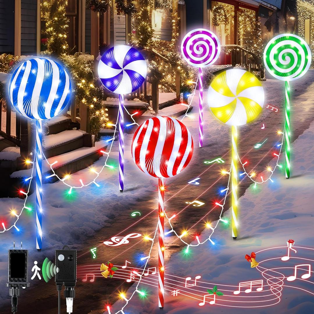 ElectricWise Christmas Lollipop Pathway Lights Outdoor, 27.5 Inch Peppermint Pathway Lights, Set of 6 Outdoor Christmas Decorations with 5 Modes and Music for Holiday Patio Yard Garden(Colorful)