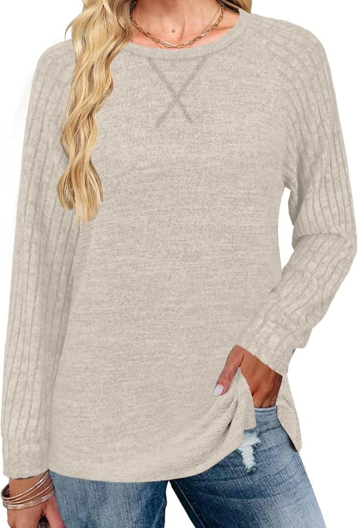 JomeDesign Long Sleeve Shirts for Women Crew Neck Sweatshirts Lightweight Sweaters Side Split Loose Casual Blouses (Beige, L)
