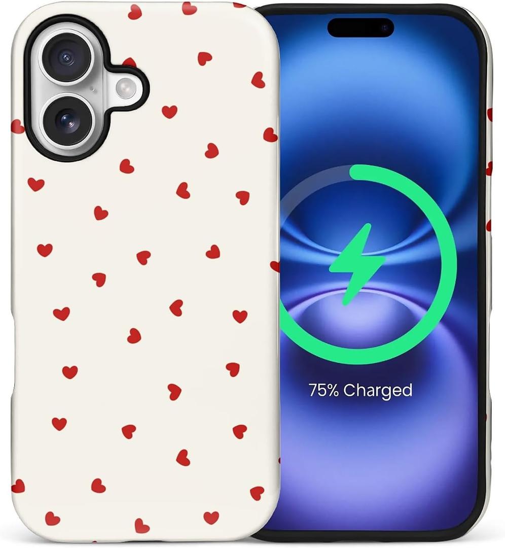 for iPhone 17 Case,Compatible with MagSafe,Dual-Layer Hard Shell + Silicone Cover,Full Body Protection Shockproof Case for iPhone 17-Red Hearts Girly Aesthetic