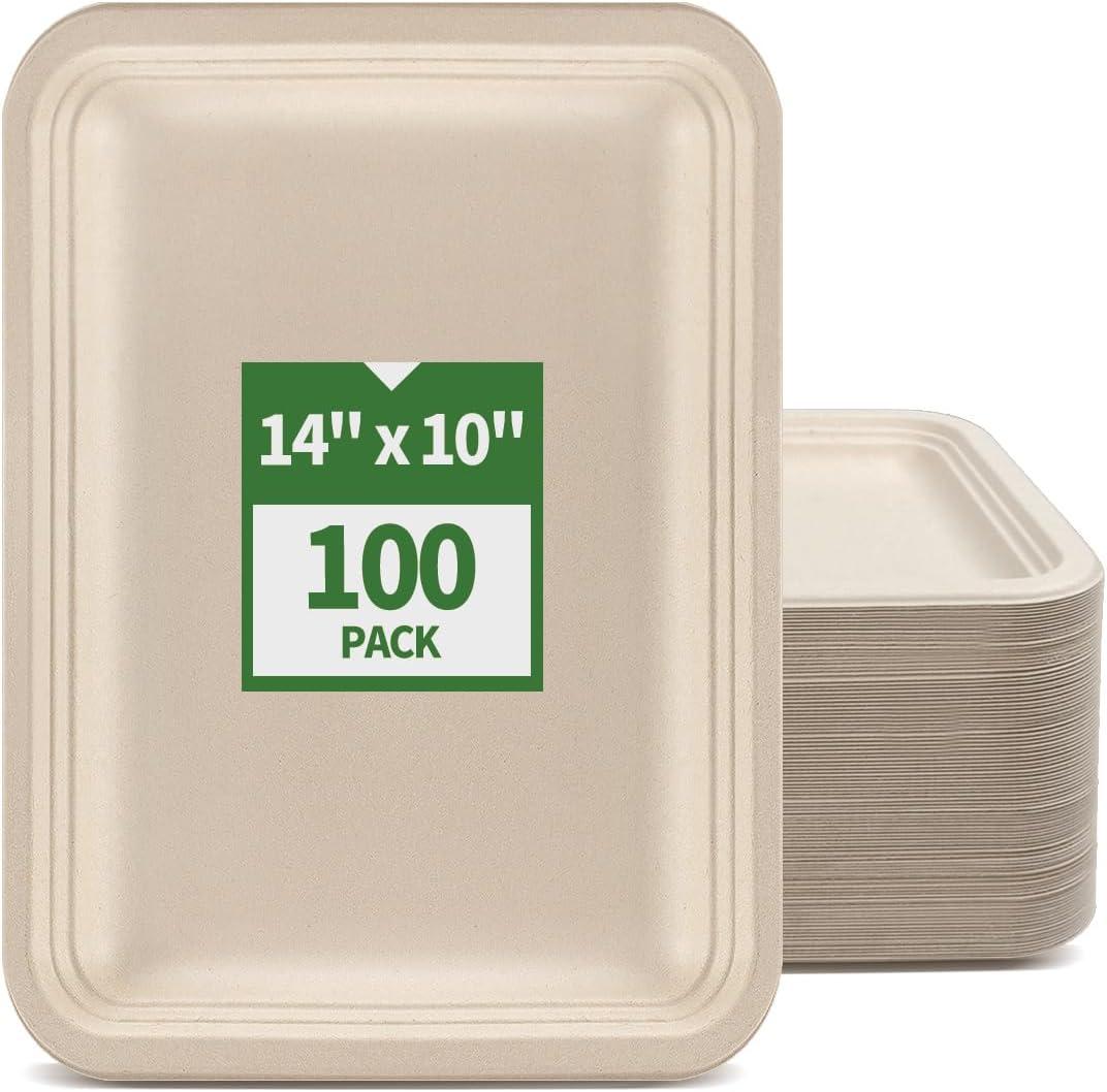 100 Pack 14 inch Large Disposable Food Trays for Crawfish Seafood Boil BBQ Dessert, Large Paper Plates 14 inch Heavy Duty Disposable Serving Trays for Seafood Boil Party