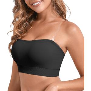 DEANGELMON Strapless Bras for Women Comfort Non-Slip Seamless Padded Bralette Clear Straps Wireless Tube Top Bra (Medium, Black)