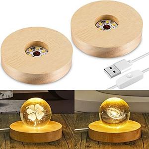 Honoson 2 Pcs LED Base Wood Light Display Base for Crystal Glass Art Resin Light Display Stand with 6 LED Wooden Crystal Resin Lamp for 3D Laser USB Only(Round)