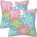 AHAHM Green Pink Blue Dahlia Floral Throw Pillows Farmhouse Decorative Throw Pillow Case Indoor Outdoor Cushion Cover Spring Summer Pillowcase for Couch Living Room Bedroom 18 x 18 Inch Set of 2