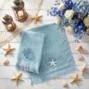 Breling 2 Pcs Summer Beach Hand Towels for Bathroom Blue Embroidered Ocean Coastal Fingertip Towels 13.8 x 29.5'' Under The Sea Seashell Starfish Absorbent Kitchen Dishcloth for Bath Guest Gifts
