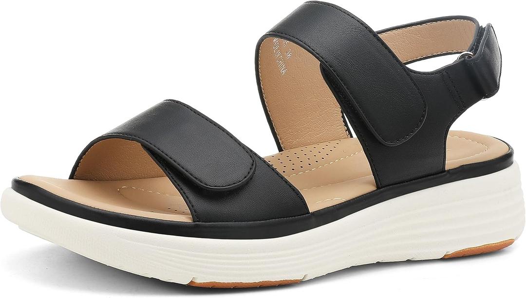 UBFEN Womens Platform Sandals Wedge Walking Comfortable Casual Adjustable Strap Lightweight Open Toe (9, Black)