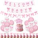 Holkcog Welcome Baby Decorations, Pink Bow Baby Shower Decor, Welcome Baby Girl Decor Kit, Bow Banner Pink and White Ballon, Cake Topper, Girls Gender Reveal Party Photo Props