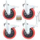 Heavy Duty Stem Caster Wheels M10-1.5X25mm Dual Locking No Noise PVC Threaded Stem Caster Wheels Pack of 4 for Workbench, Dolly, Furniture (5 Inch, Red)