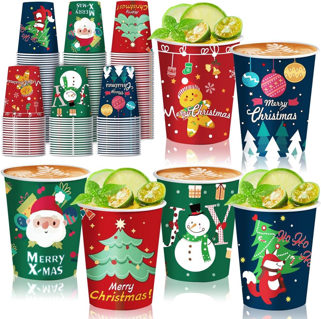 48 Pcs 9oz Christmas Paper Cups, Disposable Cups with 6 Designs Including Santa Claus, Christmas Trees, etc. Perfect for Xmas Party Drinks, Coffee, and Wine, for Christmas Night Decorations