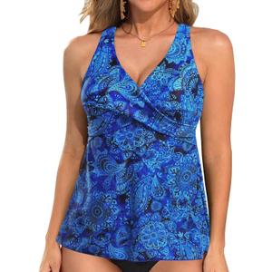 Tempt Me Women Tankini Top Only Flowy Swim Tops V Neck Bathing Suit Top (X-Large, Blue Paisley)