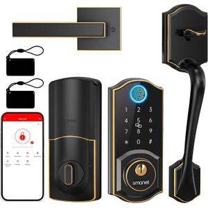 Smart Door Lock with Handle Set: SMONET Front Door Lock Set Keyless Entry, Fingerprint Keypad Bluetooth Alexa Deadbolt Lockset Suitable for Rental Management and Smart Home Residents