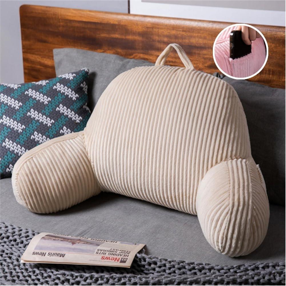 Reading Pillow for Bed Sitting Up,Flannel Back Pillow for Bed Sitting up with Arms and Pockets & Washable Cover,Soft Back Support (Beige, 27.6x17.7 in)