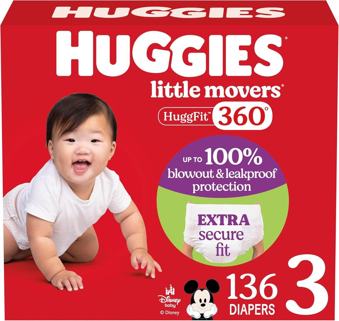 Huggies Size 3 Baby Diapers, Little Movers HuggFit 360 Baby Diapers with 360 Waistband, Size 3 (16-28 lbs), 136 Count