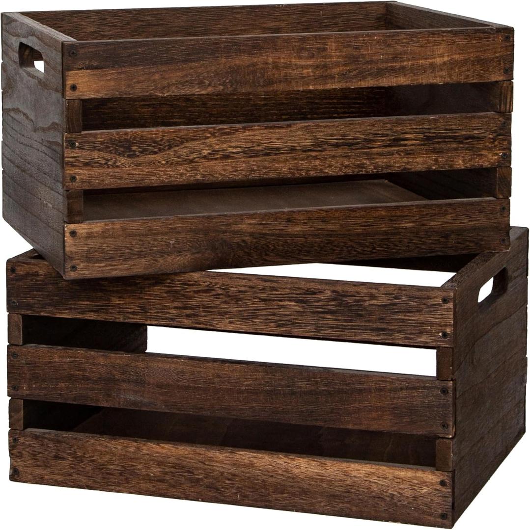 Rustic Vintage Brown Wooden Storage Crates Set, 2 Pack , 16.5 X 12 X 8.3''wood crate boxHandmade Farmhouse Decorative Crate with Handles for Books, Clothes Storage & Display