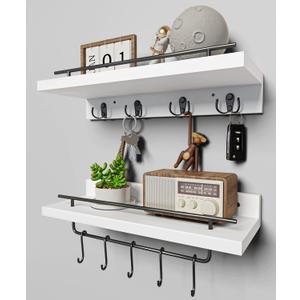 2 Floating Shelves with Hooks, Wall Mounted Coat Rack, Bathroom Shelf with Removable Towel Bar, Hanging Shelves with 9 Hooks, White