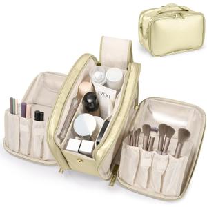 Travel Makeup Bag Women's Large Capacity Cosmetic Portable Organizer Large Opening Waterproof Storage Toiletry Bags Vertical Free-Standing Brush Holder for Easy Access Gold