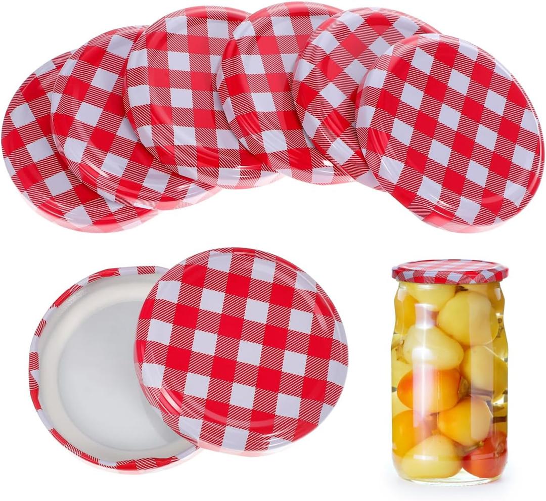 Veemoon 40pcs Regular Mouth Mason Jar Iron Lids Jam Canning Sealing Lids Red White Checked Canning Screw Caps for Sauce and Food Jelly Storage Bottle (2.48/2.28 Inch)