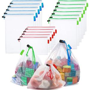 16 Pcs Mesh Small Toy Bags for Storage, 3 Sizes Reusable Mesh Drawstring Produce Bags Puzzle Bag for Kids Storage Playroom Organization, Fruits, Vegetable