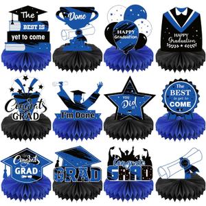 Honoson 12 Pcs 2025 Graduation Party Decorations Class of 2025 Congrats Grad Table Centerpieces Congratulate Graduation Honeycomb Table Toppers for Grad Party Favor Supplies(Blue, Black)