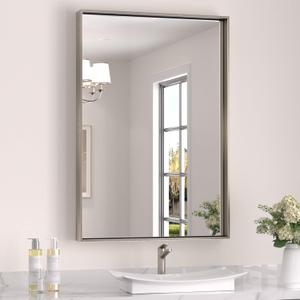 Keonjinn 24 x 36 In Brushed Nickel Bathroom Mirror, Rectangular Metal Framed Wall Vanity Mirror for Over Sink Square Corner Aluminum Alloy Modern Farmhouse Rectangle Silver Mirror(Horizontal/Vertical) (36"L x 24"W)