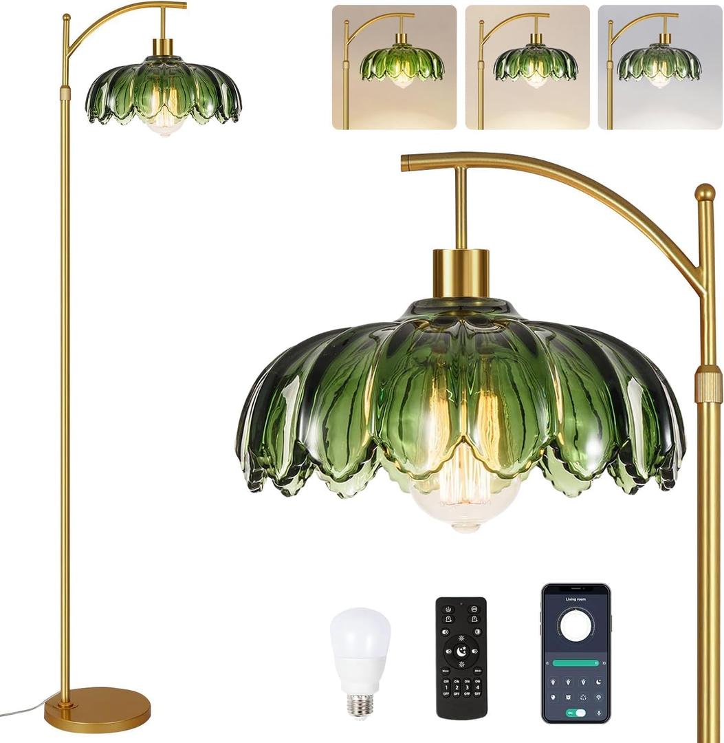 Gold Floor Lamps for Living Room,Glass Floor Lamp with Remote Control & Green Lampshade,Arc Flower Floor Lamp Dimmable Mid Century Modern Standing Lamp Vintage Brass Tall Lamp For Bedroom Corner (11.5inch)