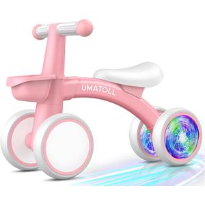 Umatoll Colorful Lighting Baby Balance Bike Toys for 1 Year Old Girls Gifts, Adjustable Seat, 1st Birthday Gifts, 12-24 Months Toddler Bike, Removable Basket, Pink