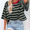 Dokotoo Tops for Women Striped 2025 Fashion T Shirts for Women Color Block Crewneck Design Loose Basic Tee (L)