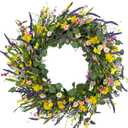 J'FLORU Large Spring Wreaths for Front Door 28 Inch Artificial Spring Wreath Summer Flower Wreath with Daisy and Lavender for Indoor Outdoor Wall Window and Easter Celebration (28in, Multicolor)