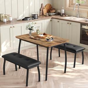 GarveeHome 3-Piece Retro Dining Set, Space-Saving Table & 2 Upholstered Benches for 4, Chamfer Design Metal Frame Kitchen Furniture for Apartments, Studios, Small Spaces, Retro Brown