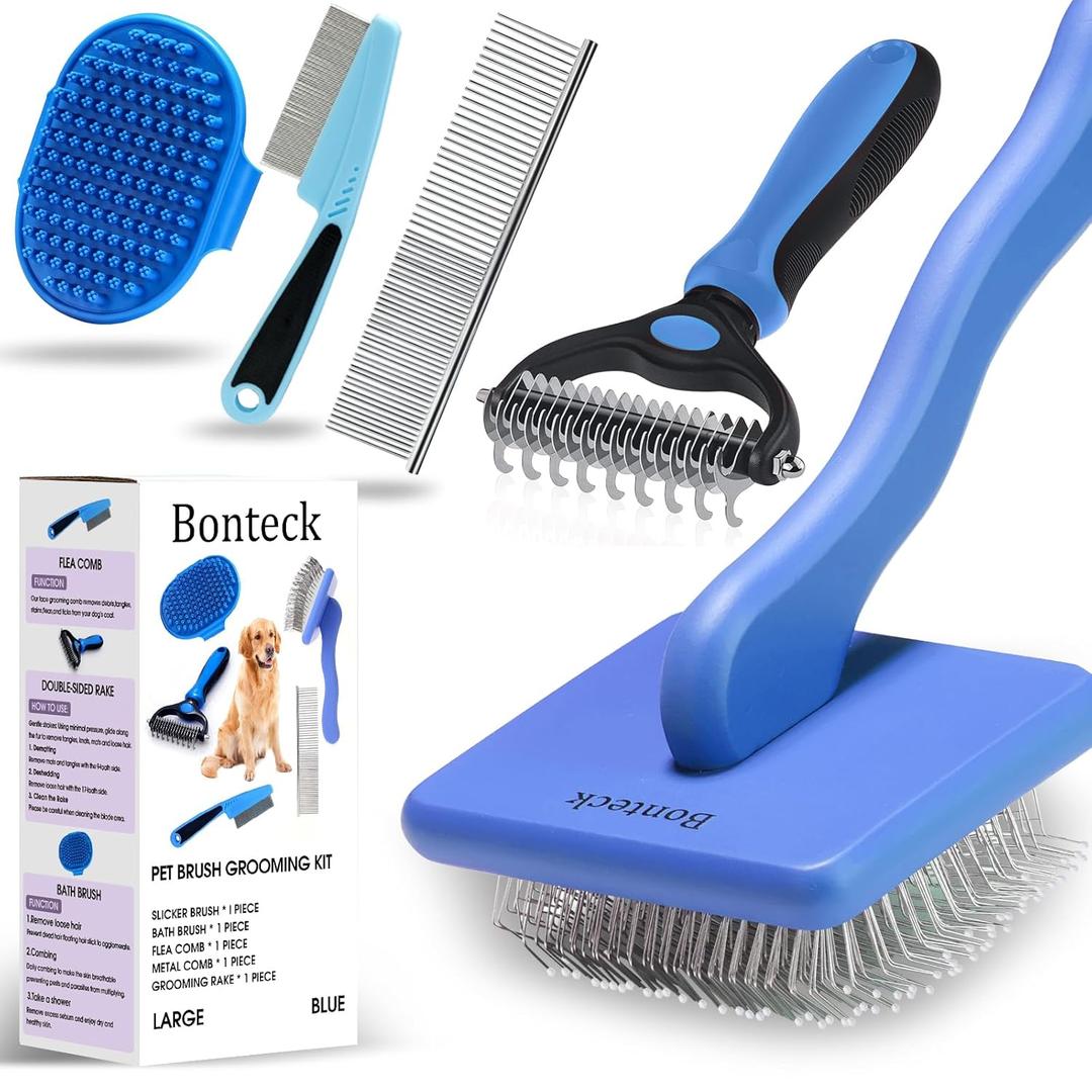 Bonteck Dog Slicker Brush for Dogs Grooming Kit 5PCS | Large Dog Brush for Goldendoodles Poodles Doodles | Long Pin Haired Brush | Poodle Brushes and Comb (Blue)