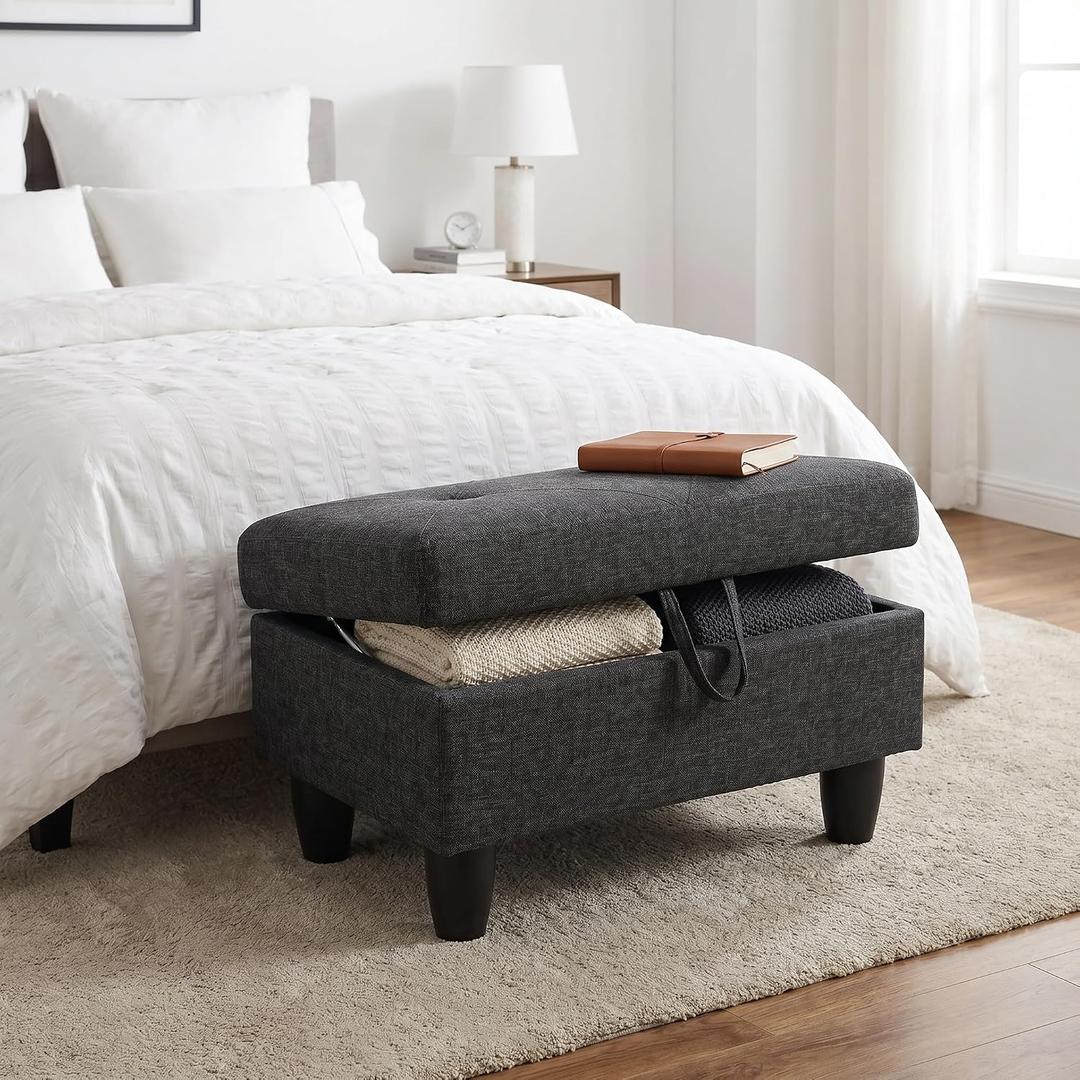 28" Storage Ottoman with Storage for Bedroom, Solid Wood End of Bed Storage Bench, 660lbs Capacity Heavy Duty Foot Rest Stool, Navy Blue Linen Bench with Double Layer Springs (Dark Grey), 19"D x 28.5"W x 17.5"H