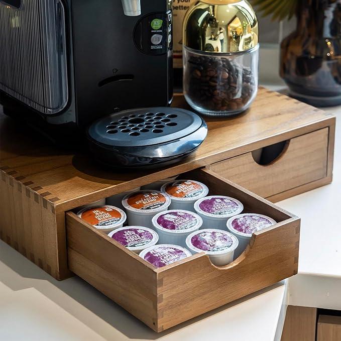 Wood Coffee Pod Storage Box, Coffee Pods And Tea Organizer Holder, K Pod Coffee Maker Station Machine Stander, K Cup Drawer Under Brewer Compatible K Pods 30 Pod Capacity 2 Drawer