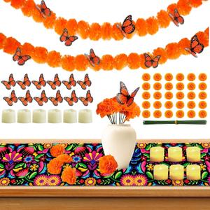 83pcs Dia De Los Muertos Decorations Ofrenda Kit - Day of The Dead Altar Decor Set,2 Marigold Garland 30 Marigold Flowers & Stems, Table Runner,12 Monarch Butterfly 6 Candle (Table Runner-Flower)