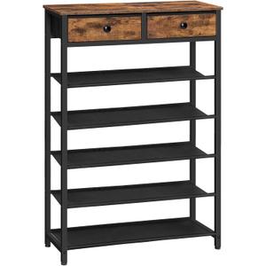 HOOBRO Shoe Rack, 6 Tier Shoe Storage Organizer with 2 Non-Woven Drawers, 15-20 Pairs of Shoes for Entryway, Shoe Shelf with 5 Oxford Fabric Shelves and Wooden Top, Closet, Rustic Brown BF79XJ01