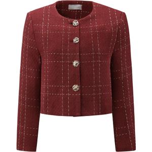 Women's Collarless Blazer Plaid Button Front Crop Tweed Jacket (Medium, Red)