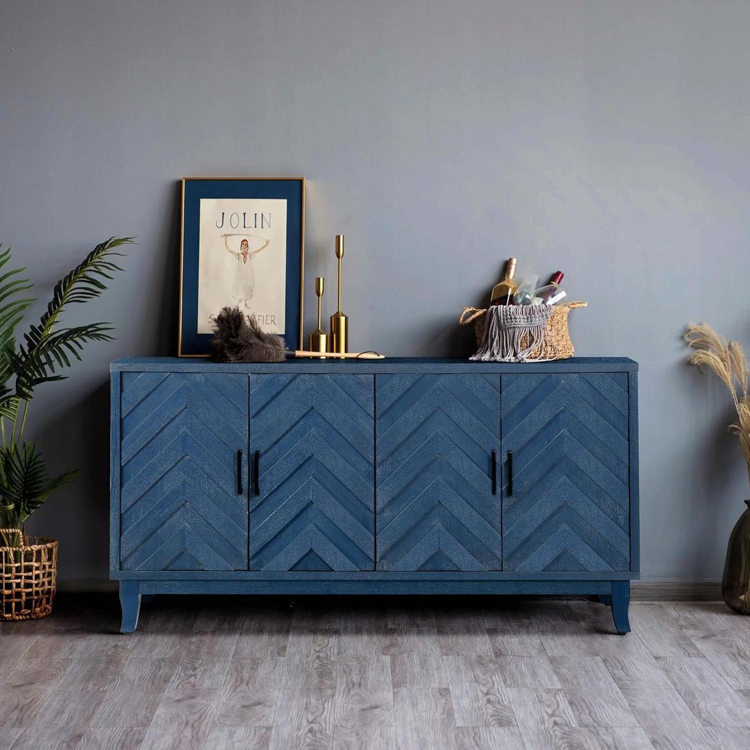 SONGG Wooden Large Buffet Cabinet with 4 Door, Vintage Style Sideboards w/Storage, Lacquered Accent TV Stand Tables Suitable for Entryway, Hallway, Living Room, 60 IN