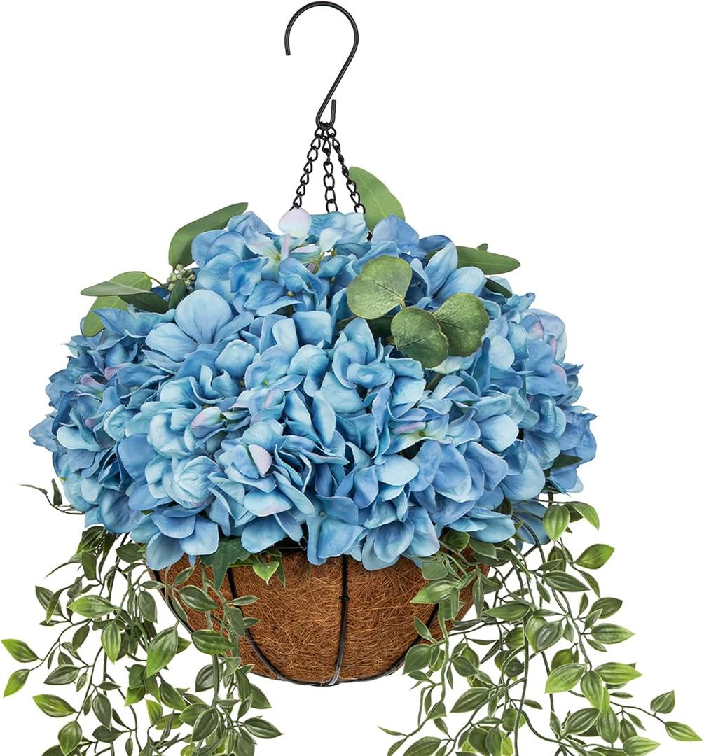 Hollyone Large Blue Hydrangea Artificial Flowers Arrangements in Hanging Basket 13" Fake Hanging Plants Flowers UV Resistant Silk Flower Plant Faux Hydrangea Flower with Pot Outdoor Indoor Decor