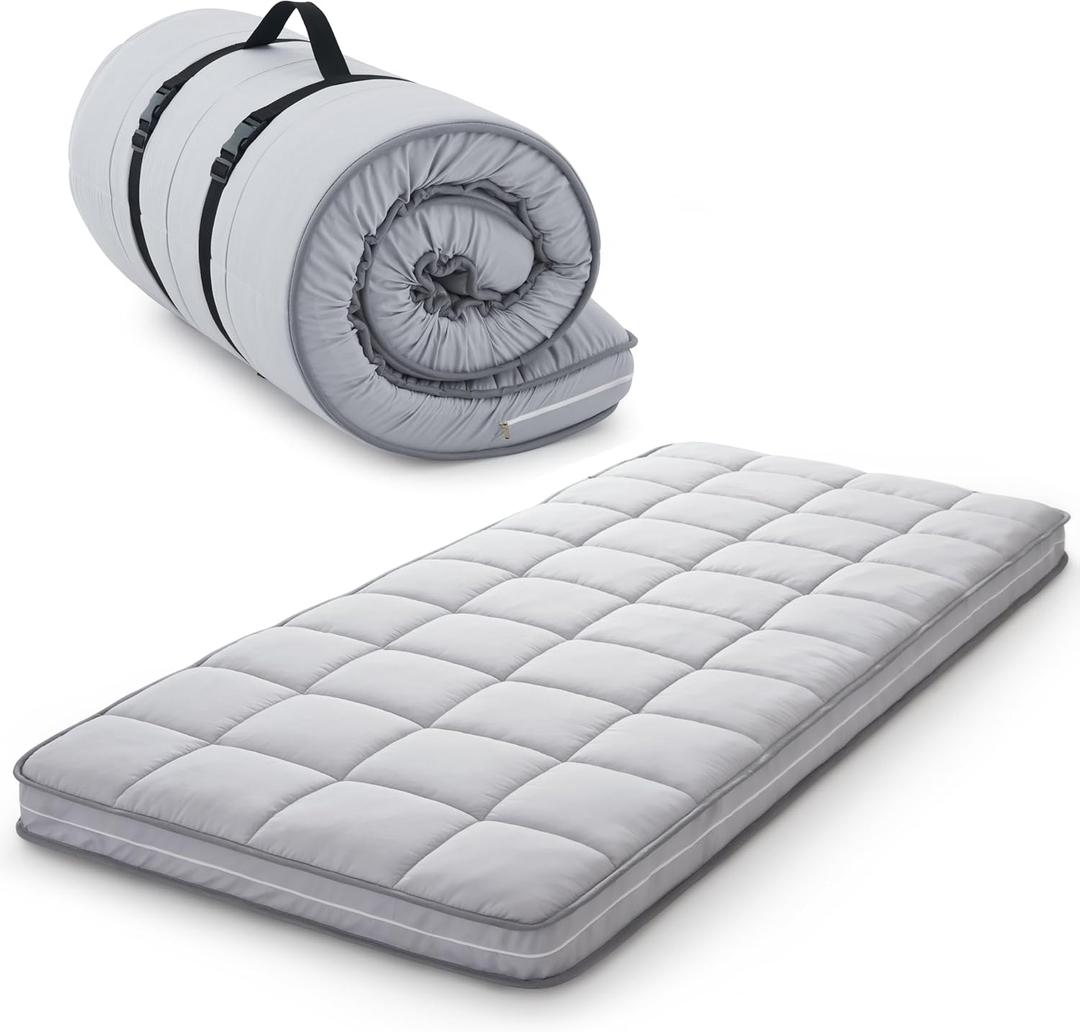 Jamdok 4Inch Cot Mattress Topper,Twin Gel Infused Memory Foam,Machine Washable Thickened Pillow Top Cover,Roll Up Floors Mat,Portable Folding Sleep Pad(75 x 38)