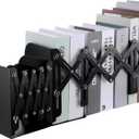 2PCS Heavy Duty Metal Bookends, Adjustable Book Organizer for Shelves & Desk with Non-Slip Pads, 3 Compartments, Extends up to 19 inches, Office & Home Use (Black)