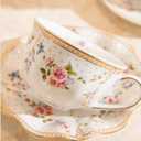 6 oz Vintage flower Ceramic cup and 6" saucer set with Brand customized stainless steel spoon Gifts for Afternoon Tea Coffee Hour(C)