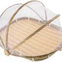 BESTOYARD Bamboo Winnowing Pan - Multi-Functional Food Cover with Mesh for Outdoor Picnics Lightweight and Portable Fruit Basket for Safe Food Storage and Protection