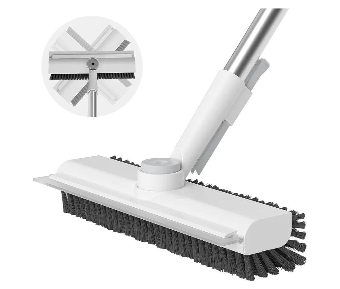 Floor Scrub Brush with Long Handle: 3 in 1 Heavy-Duty Floor Scrubber Brush with Squeegee for Cleaning Tile Bathroom Deck Kitchen Patio