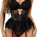 Women Lingerie Set Naughty Lace Bodysuit High Waisted Underwire Lingerie Babydoll With Garter Belt and Stockings (Black, XL)