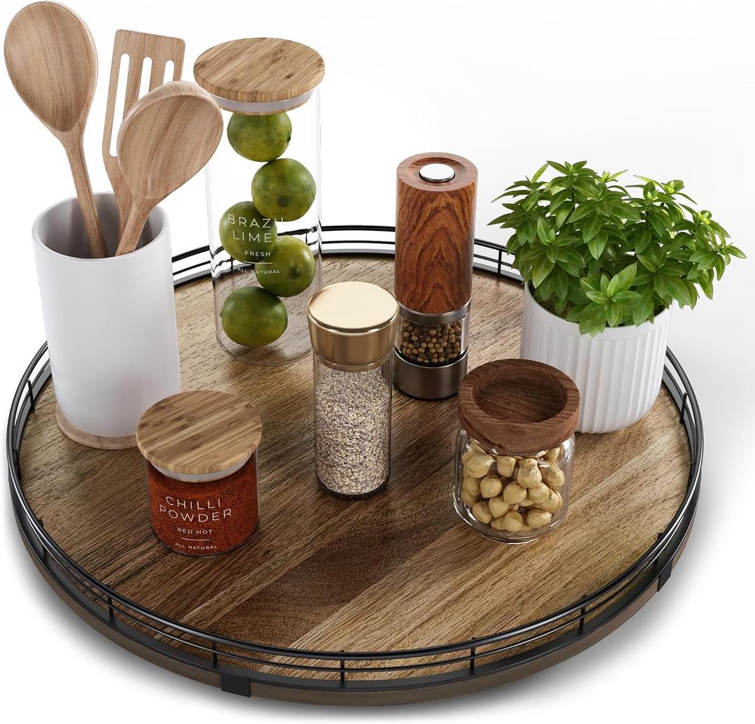 Acacia Wood 16" Lazy Susan Turntable Organizer for Table Top, Farmhouse Large Round Lazy Susan for Cabinet Kitchen Centerpieces Dining Table, for Condiments Charcuterie, Bathroom Vanity Tray Decor