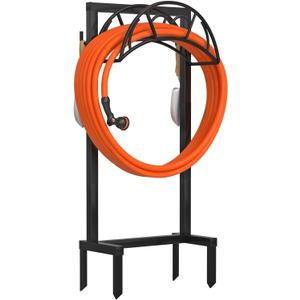 Garden Hose Holder, Freestanding Heavy Duty Water Hose Holder for Outside, Upgraded Metal Hose Stand with 4 Spikes, Detachable Garden Hose Storage Hose Reel Rack, Black